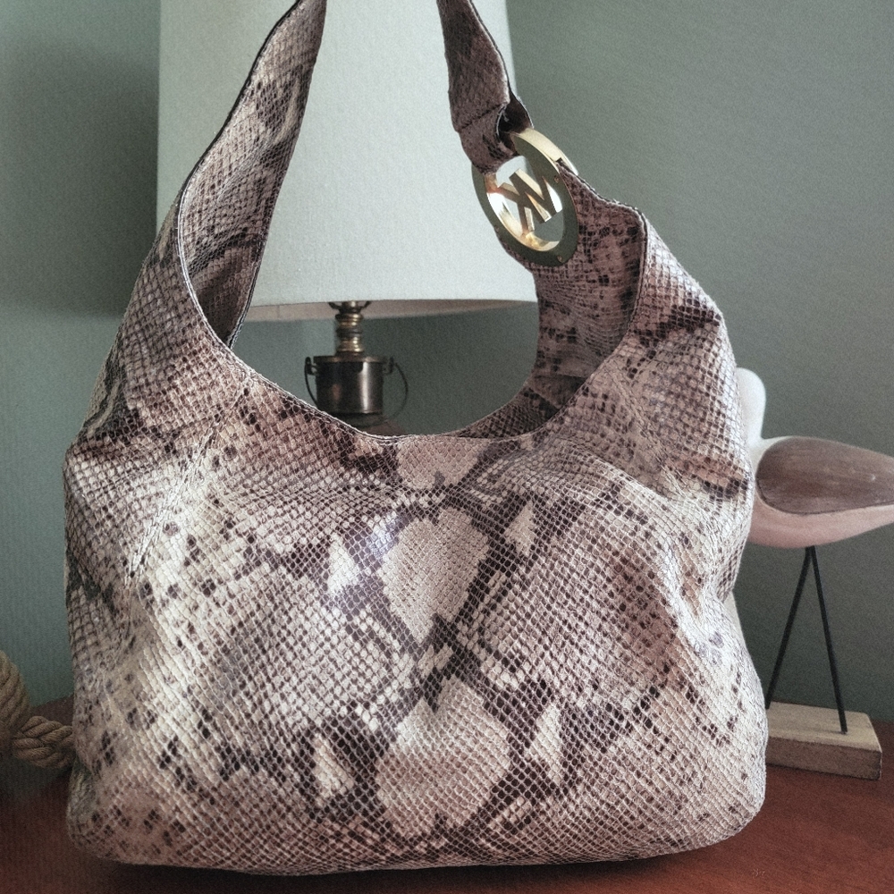 Michael Kors Jet Set Brandy Hobo Bag Taupe Tan Python Embossed Leather Purse
